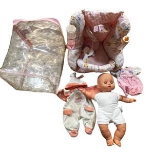 2009 Toys R Us You & Me Baby Doll Car Seat Bottles Clothes Toy Carrying Bag